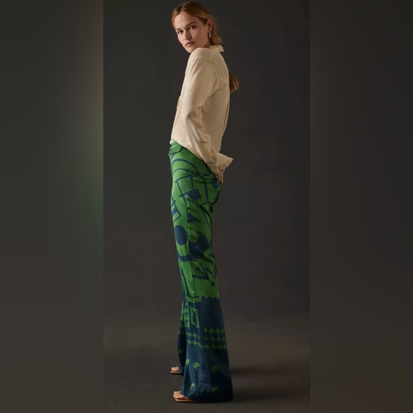 Anthropologie Corey Lynn Calter Green & Navy Printed Wide Leg Pants, Silky, M - Picture 8 of 16